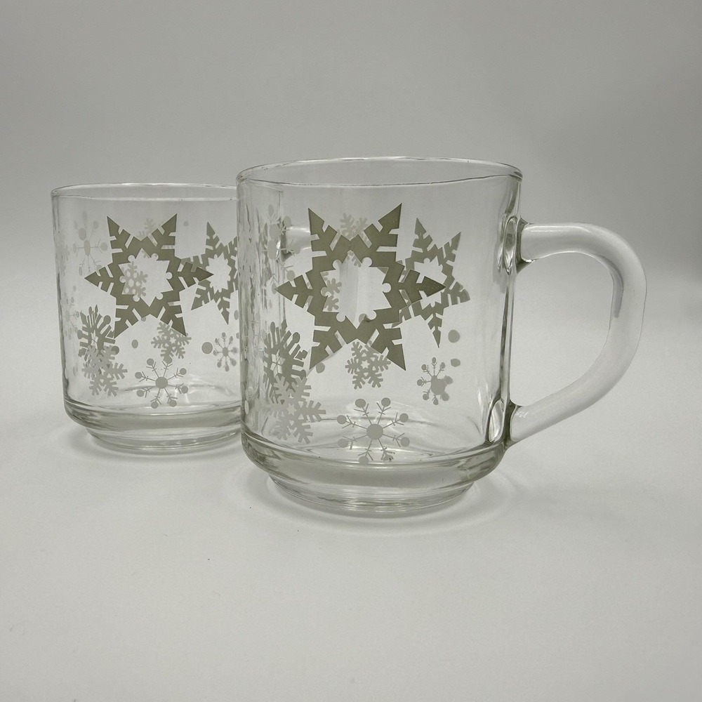Lot of 2 Vintage Clear White Snowflakes Coffee Hot Cocoa Mugs Luminarc Glassware